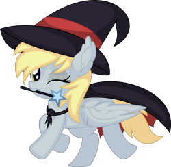 Size: 6643x6478 | Tagged: safe, artist:cyanlightning, derpy hooves, pegasus, pony, g4, .svg available, absurd resolution, cape, clothes, female, filly, hat, looking at you, mare, mouth hold, one eye closed, simple background, smiling, smiling at you, solo, transparent background, vector, wand, wink, winking at you, witch hat, younger