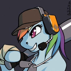 Size: 512x512 | Tagged: safe, artist:chazcatrix, rainbow dash, pony, g4, bandage, baseball bat, cap, crossover, dog tags, female, grin, hat, headset, human shoulders, rainbow scout, scout (tf2), simple background, smiling, solo, team fortress 2, weapon