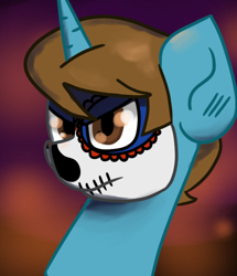 Size: 600x699 | Tagged: safe, artist:tranzmuteproductions, oc, oc only, oc:dawillstanator, pony, unicorn, abstract background, bust, face paint, frown, horn, male, solo, stallion, unicorn oc