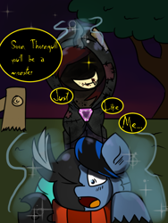 Size: 600x800 | Tagged: safe, artist:tranzmuteproductions, oc, oc only, oc:curse word, oc:thornquill, changeling, pegasus, pony, unicorn, :o, changeling oc, changelingified, dialogue, duo, female, glowing, glowing eyes, male, mare, night, open mouth, outdoors, pegasus oc, species swap, stallion, stars, talking, transformation, wings