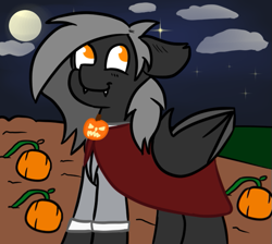 Size: 671x600 | Tagged: safe, artist:tranzmuteproductions, oc, oc only, oc:tranzmute, bat pony, pony, bat pony oc, bat wings, cape, clothes, fangs, full moon, male, moon, night, pumpkin, smiling, solo, stallion, stars, wings