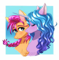 Size: 2625x2645 | Tagged: safe, artist:ajax, artist:ajaxorsomething, artist:willdrawhere, izzy moonbow, sunny starscout, earth pony, pony, unicorn, g5, my little pony: a new generation, blushing, chest fluff, cute, ear fluff, female, high res, kissing, lesbian, ship:moonscout, shipping