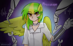 Size: 1280x800 | Tagged: safe, artist:nichandesu, oc, oc only, oc:wooden toaster, human, pegasus, amputee, choker, clothes, eared humanization, electrocardiogram, female, humanized, prosthetic limb, prosthetics, solo, winged humanization, wings