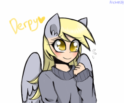 Size: 2400x2000 | Tagged: safe, artist:nichandesu, derpy hooves, human, g4, bust, clothes, eared humanization, eyelashes, female, high res, humanized, simple background, smiling, solo, white background, winged humanization, wings