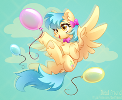 Size: 3664x3000 | Tagged: safe, artist:dedfriend, oc, oc only, pegasus, pony, balloon, bow, chest fluff, cute, female, flying, hair bow, happy, high res, mare, ocbetes, open mouth, open smile, smiling, solo, underhoof