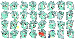 Size: 3508x1820 | Tagged: safe, artist:eels, bon bon, lyra heartstrings, sweetie drops, earth pony, pony, unicorn, g4, :t, bust, disguise, eyes closed, facial expressions, female, floppy ears, front view, glowing, glowing horn, hand, horn, looking up, magic, magic hands, mare, nose wrinkle, one eye closed, open mouth, open smile, portrait, red eyes, scrunchy face, side view, simple background, smiling, solo, tongue out, two toned mane, white background, wink, yellow eyes