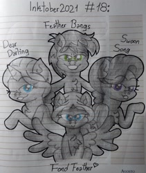 Size: 2850x3377 | Tagged: safe, artist:iceflower99, dear darling, feather bangs, fond feather, swoon song, g4, bimbettes, chest fluff, feather bangs gets all the mares, featherbimbettes, high res, inktober, inktober 2021, lined paper, traditional art