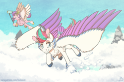 Size: 1772x1181 | Tagged: safe, artist:inuhoshi-to-darkpen, pipp petals, zipp storm, pegasus, pony, g5, my little pony: a new generation, spoiler:my little pony: a new generation, duo, female, flying, mare, royal sisters (g5), selfie stick, siblings, sisters