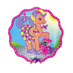 Size: 3464x3464 | Tagged: safe, bright bramley, pony, g2, official, apple, backpack, border, bow, braid, clothes, female, food, french, hair bow, hair ribbon, hairpin, high res, hopscotch (game), magazine scan, mare, marker, notebook, orange pony, paintbrush, pencils, plaid skirt, purple hair, scan, school, school uniform, shoes, simple background, skirt, sneakers, sunglasses, transparent background, twin braids, yellow hair
