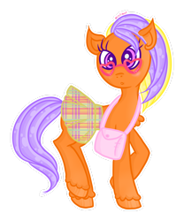 Size: 2236x2683 | Tagged: safe, artist:crystal-sushi, bright bramley, earth pony, pony, g2, bag, blonde, clothes, fanart, glasses, heart shaped glasses, high res, orange pony, plaid skirt, purple hair, purse, school uniform, simple background, skirt, solo, transparent background, unshorn fetlocks