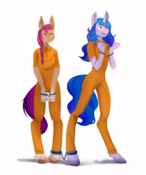 Size: 2500x3000 | Tagged: safe, artist:batontupoegavno, artist:stupidbaton, izzy moonbow, sunny starscout, earth pony, unicorn, anthro, unguligrade anthro, g5, my little pony: a new generation, clothes, cuffs, high res, prison outfit, prisoner, prisoner im, varying degrees of want