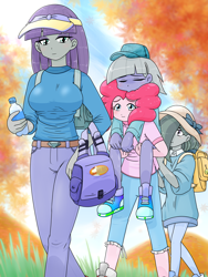 Size: 1668x2224 | Tagged: safe, artist:batipin, limestone pie, marble pie, maud pie, pinkie pie, equestria girls, g4, backpack, bottle, breasts, busty maud pie, cap, carrying, converse, equestria girls-ified, eyes closed, female, hair over one eye, hat, pie sisters, piggyback ride, shoes, siblings, sisters, sleeping, sun hat, visor, visor cap, water bottle