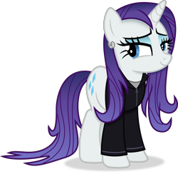 Size: 3814x3725 | Tagged: safe, artist:anime-equestria, rarity, pony, unicorn, g4, alternate hairstyle, blue eyes, clothes, ear piercing, earring, eyeshadow, female, happy, high res, hoodie, horn, jewelry, lidded eyes, makeup, mare, piercing, purple mane, purple tail, shadow, show accurate, simple background, smiling, solo, standing, tail, transparent background, wet, wet mane
