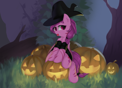 Size: 2200x1589 | Tagged: source needed, safe, artist:foxyara, oc, oc only, bat pony, pony, bat pony oc, bat wings, halloween, hat, holiday, jack-o-lantern, pumpkin, solo, tongue out, tree, wings, witch, witch hat