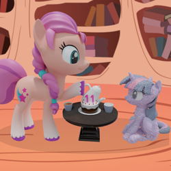 Size: 3840x3840 | Tagged: safe, artist:northern haste, derpibooru exclusive, sunny starscout, twilight sparkle, alicorn, earth pony, pony, g4, g5, my little pony: a new generation, 3d, blender, braid, cup, female, food, golden oaks library, happy birthday mlp:fim, high res, mare, mlp fim's eleventh anniversary, plushie, standing, sunny and her heroine, tail, tea, teacup, teapot, twilight sparkle (alicorn), two toned mane, two toned tail, unshorn fetlocks