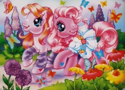 Size: 951x689 | Tagged: safe, artist:lyn fletcher, pinkie pie (g3), toola-roola, butterfly, earth pony, pony, g3, official, pinkie pie's special day, blue eyes, book, clothes, dress, flower, heart, heart eyes, hoof heart, leg warmers, legwear, orange hair, path, picture book, pink hair, pink pony, puffy sleeves, scan, storybook, walking, wingding eyes