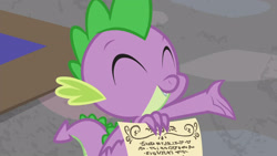 Size: 3410x1920 | Tagged: safe, screencap, spike, dragon, g4, season 9, sparkle's seven, ^^, cute, eyes closed, male, school of friendship, smiling, solo, spikabetes, winged spike, wings