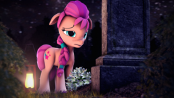 Size: 3840x2160 | Tagged: safe, artist:psfmer, sunny starscout, earth pony, pony, g4, g5, my little pony: a new generation, 3d, bouquet, braided ponytail, floppy ears, flower, g5 to g4, generation leap, grave, gravestone, high res, implied argyle starshine, implied death, lantern, sad, solo, source filmmaker, story included, unshorn fetlocks