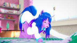 Size: 1600x900 | Tagged: safe, artist:mistpony, izzy moonbow, unicorn, anthro, plantigrade anthro, g5, my little pony: a new generation, 3d, bed, bedroom, big breasts, breasts, busty izzy moonbow, cactus, clothes, koikatsu, lava lamp, pajamas