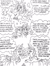 Size: 2886x3761 | Tagged: safe, artist:jamestkelley, part of a set, pinkie pie, princess celestia, alicorn, pony, comic:princess pinkie's conquest of chaos, g4, spoiler:comic57, alicornified, balloon, chaos, comic, confetti, cupcake, dialogue, food, high res, kinkajou, magic, part of a series, pinkiecorn, pleading, princess of chaos, race swap, reference, signature, sketch, speech bubble, traditional art, transformation, xk-class end-of-the-world scenario