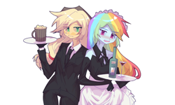 Size: 1440x865 | Tagged: safe, artist:daitangsugar, applejack, rainbow dash, human, equestria girls, g4, butler, clothes, embarrassed, eye clipping through hair, eyebrows, eyebrows visible through hair, female, humanized, lesbian, maid, open mouth, open smile, rainbow maid, ship:appledash, shipping, simple background, smiling, tray, waitress, white background