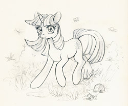 Size: 1161x964 | Tagged: safe, artist:maytee, twilight sparkle, butterfly, frog, pony, unicorn, g4, female, looking at you, mare, monochrome, outdoors, raised hoof, solo, three quarter view, traditional art, unicorn twilight