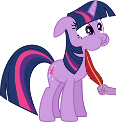 Size: 1280x1350 | Tagged: safe, artist:frownfactory, spike, twilight sparkle, pony, unicorn, g4, it's about time, duo, feather, female, floppy ears, holding, horn, male, mare, multicolored mane, multicolored tail, offscreen character, puffy cheeks, purple eyes, simple background, standing, sweat, sweatdrop, tail, tickle torture, tickling, transparent background, unicorn twilight, vector