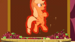 Size: 520x293 | Tagged: safe, screencap, applejack, earth pony, pony, g4, magic duel, season 3, animated, apple, applejack's hat, cowboy hat, cute, eyes closed, feather, female, food, freckles, gif, hat, jackabetes, laughing, magic, magic aura, mare, open mouth, solo, surprised, tail, telekinesis, tickle torture, tickling, yellow mane, yellow tail
