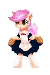 Size: 1500x2250 | Tagged: safe, alternate version, artist:ariamidnighters, oc, oc only, oc:vanillaberry swirl, earth pony, food pony, pony, bipedal, clothes, commission, ear piercing, earring, female, food, jewelry, maid, mare, open mouth, piercing, ponified, simple background, socks, solo, transparent background, waffle hooves, ych result