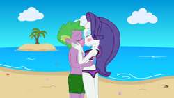 Size: 1280x720 | Tagged: safe, artist:lachlancarr1996, rarity, spike, fish, human, starfish, equestria girls, g4, ass, beach, beach shorts swimsuit, bikini, blushing, butt, clothes, coconut, duo, eyes closed, female, food, hand on cheek, hand on waist, human spike, island, kiss on the lips, kissing, male, ocean, palm tree, rarity's beach shorts swimsuit, rarity's purple bikini, rearity, sand, ship:sparity, shipping, straight, swimming trunks, swimsuit, topless, tree