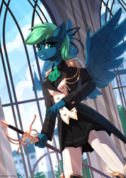 Size: 2000x2825 | Tagged: safe, artist:redchetgreen, oc, oc only, oc:emerald, pegasus, anthro, aiguillette, blue fur, boots, bow, breasts, building, castle, clothes, cloud, cravat, crepuscular rays, epaulettes, eyebrows, fantasy, female, gloves, green eyes, green hair, hair bow, high res, looking at you, military uniform, ornament, pants, pegasus oc, shoes, signature, skirt, smiling, smiling at you, solo, spread wings, sword, teeth, uniform, weapon, window, winged anthro, wings