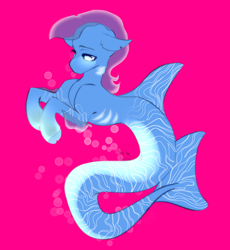 Size: 2646x2874 | Tagged: safe, artist:azaani, oc, oc only, oc:fingerling, hybrid, mermaid, original species, pony, seapony (g4), blue eyes, bubble, dorsal fin, fins, fish tail, flowing tail, gills, glowing, glowing eyes, high res, logo, male, needs more saturation, pink background, purple mane, simple background, solo, tail