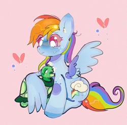 Size: 1024x1002 | Tagged: safe, artist:bug-roux, rainbow dash, tank, pegasus, pony, tortoise, g4, broken hearts, crying, cute, dashabetes, ear fluff, eye clipping through hair, female, heart, hug, one wing out, ponytober, simple background, sitting, white pupils, winghug, wings