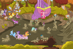 Size: 6000x4000 | Tagged: safe, artist:amateur-draw, applejack, berry punch, berryshine, bon bon, carrot top, cheerilee, derpy hooves, dj pon-3, fluttershy, golden harvest, lily, lily valley, lyra heartstrings, mayor mare, moondancer, ms. harshwhinny, octavia melody, pinkie pie, rainbow dash, rarity, roseluck, spike, spitfire, starlight glimmer, sunset shimmer, sweetie drops, trixie, twilight sparkle, vinyl scratch, oc, oc:belle boue, alicorn, earth pony, frog, pony, unicorn, g4, autumn, covered in mud, cup, falling, female, flower, forest, glasses, hammer, hanging, hot air balloon, mane seven, mane six, mare, mud, mud bath, mud pit, mud play, mud pony, muddy, panic, running of the leaves, scenery, sign, sliding, teacup, tree, twilight sparkle (alicorn), twinkling balloon, wet and messy