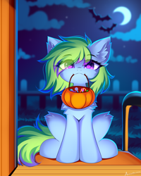 Size: 4444x5555 | Tagged: safe, artist:airiniblock, oc, oc only, bat, earth pony, pony, rcf community, :3, absurd resolution, candy, candy cane, chest fluff, doorway, ear fluff, ears, ears up, eye clipping through hair, food, front door, halloween, holiday, knee fluff, lollipop, mane, mouth hold, night, pumpkin bucket, solo, tail