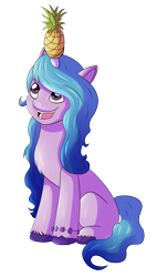 Size: 3134x5500 | Tagged: safe, anonymous artist, izzy moonbow, pony, unicorn, g5, my little pony: a new generation, spoiler:my little pony: a new generation, cute, female, food, horn, horn impalement, izzy impaling things, izzybetes, mare, open mouth, open smile, pineapple, simple background, sitting, smiling, solo, transparent background