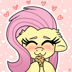 Size: 1469x1469 | Tagged: safe, artist:galaxy swirl, fluttershy, pegasus, pony, g4, :3, ^^, blushing, colored eyebrows, cookie, cute, ear fluff, eyebrows, eyes closed, female, floating heart, floppy ears, food, heart, hoof hold, mare, outline, shyabetes, solo, white outline