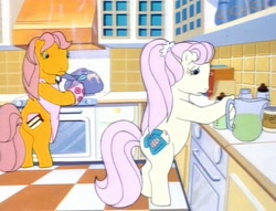 Size: 1415x1080 | Tagged: safe, screencap, bon bon's mother, misty (g1), earth pony, pony, g1, my little pony tales, too sick to notice, apron, bipedal, clothes, cooking, female, food, green liquid, kitchen, mother and child, mother and daughter, orange pony, pink hair, pitcher, ponytail, pudding, sad, scrunchie, standing, yellow pony