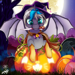 Size: 2000x2000 | Tagged: safe, alternate character, alternate version, artist:stainedglasslighthea, oc, oc only, oc:elizabat stormfeather, alicorn, bat pony, bat pony alicorn, pony, alicorn oc, bat pony oc, bat wings, cape, clothes, commission, costume, cute, female, full moon, gloves, halloween, halloween costume, hat, high res, holiday, horn, jack-o-lantern, knife, mare, moon, mouth hold, night, nightmare night, pumpkin, solo, tree, wings, witch, witch costume, witch hat, ych result