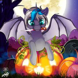 Size: 2000x2000 | Tagged: safe, alternate character, alternate version, artist:stainedglasslighthea, derpibooru exclusive, oc, oc only, oc:elizabat stormfeather, alicorn, bat pony, bat pony alicorn, pony, alicorn oc, bat pony oc, bat wings, commission, cute, female, full moon, halloween, high res, holiday, horn, jack-o-lantern, knife, mare, moon, mouth hold, night, nightmare night, pumpkin, solo, tree, wings, ych result