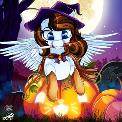 Size: 2000x2000 | Tagged: safe, alternate character, alternate version, artist:stainedglasslighthea, oc, oc only, oc:krissy, pegasus, pony, cape, clothes, commission, costume, cute, female, full moon, gloves, halloween, halloween costume, hat, high res, holiday, jack-o-lantern, knife, mare, moon, mouth hold, night, nightmare night, pumpkin, solo, tree, witch, witch costume, witch hat, ych result