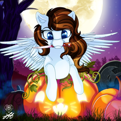 Size: 2000x2000 | Tagged: safe, alternate character, alternate version, artist:stainedglasslighthea, derpibooru exclusive, oc, oc only, oc:krissy, pegasus, pony, commission, cute, female, full moon, halloween, high res, holiday, jack-o-lantern, knife, mare, moon, mouth hold, night, nightmare night, pumpkin, solo, tree, undressed, ych result