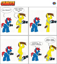 Size: 1220x1366 | Tagged: safe, artist:johnnybro288, earth pony, human, unicorn, bipedal, camera, comic, duo, duo male, fail, humanized, male, speech bubble