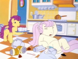 Size: 1404x1080 | Tagged: safe, screencap, bon bon (g1), misty (g1), earth pony, pony, g1, my little pony tales, too sick to notice, big sister, carrying, checkered floor, concern, cup, fainted, fallen, female, kitchen, little sister, mare, measuring cup, on the floor, ouch, pink hair, ponytail, preteen, purple hair, scrunchie, shocked, siblings, solo, teenager, touching face, tray, yellow coat