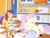 Size: 1404x1080 | Tagged: safe, screencap, bon bon (g1), misty (g1), earth pony, pony, g1, my little pony tales, too sick to notice, big sister, carrying, checkered floor, concern, cup, fainted, fallen, female, kitchen, little sister, mare, measuring cup, on floor, ouch, pink hair, ponytail, preteen, purple hair, scrunchie, shocked, siblings, solo, teenager, touching face, tray, yellow coat