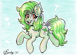 Size: 2043x1463 | Tagged: safe, artist:dandy, oc, oc only, oc:ronda radish, earth pony, food pony, pony, art trade, blushing, chest fluff, colored pencil drawing, ear fluff, female, food, looking at you, mare, open mouth, ponified, radish, signature, solo, traditional art