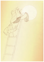 Size: 759x1073 | Tagged: safe, artist:sherwoodwhisper, oc, oc only, oc:eri, pony, unicorn, cape, clothes, female, filly, inktober, inktober 2021, ladder, monochrome, moon, rag, solo, tangible heavenly object, washcloth, wiping