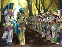 Size: 4000x3000 | Tagged: safe, artist:flaremoon, shining armor, oc, oc:mercury haze, oc:mint wellington, oc:night glow, oc:shooting star (r&f), butterfly, earth pony, kirin, pegasus, pony, sphinx, unicorn, g4, apple, armor, butterfly on nose, female, food, forest, guard, guardsmare, helmet, insect on nose, male, mare, mouth hold, royal guard, sleepy, sphinx oc, stallion, wavy mouth