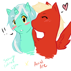 Size: 1024x1024 | Tagged: safe, artist:movetothemusic, lyra heartstrings, oc, oc:aerial ace, pegasus, pony, g4, blushing, female, kissing, mare, sexually confused lyra