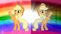 Size: 5360x3008 | Tagged: safe, artist:andoanimalia, applejack, mean applejack, earth pony, pony, g4, the mean 6, applejack's hat, bipedal, clone, cowboy hat, detailed background, duo, duo female, female, hat, looking at you, mare, messy mane, open mouth, rainbow background, sparkles